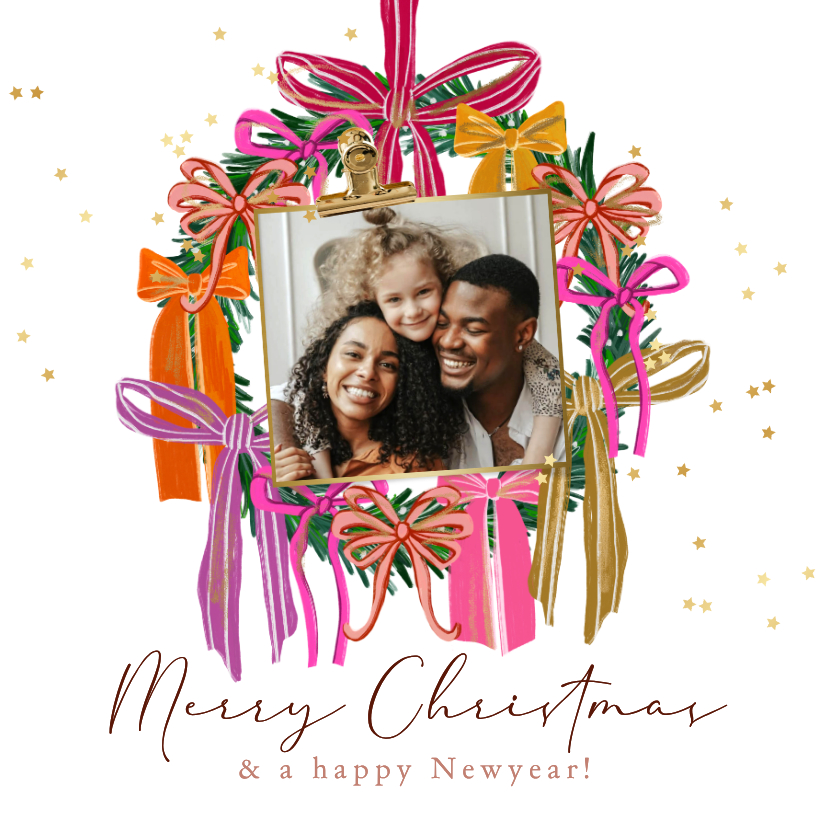 Kerstkaarten - Stijlvolle kerstkaart kerstkrans kleurrijke strikken goud