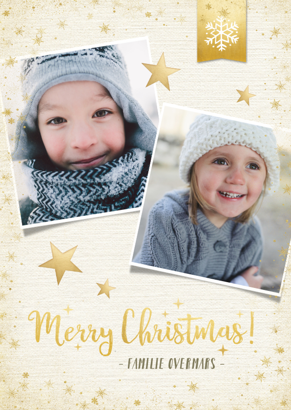 Stijlvolle kerstkaart met 2 eigen foto's en gouden sterren - Kerstkaarten Kerstkaarten - Stijlvolle kerstkaart met 2 eigen foto's en gouden sterren