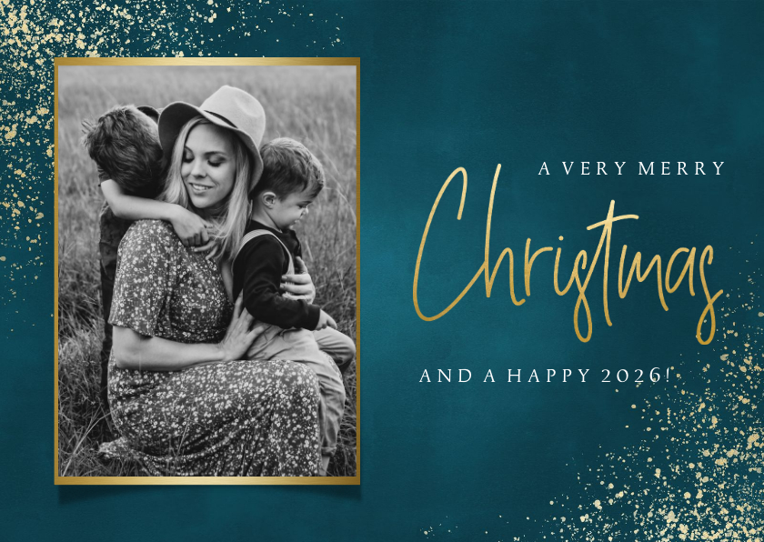 Stijlvolle kerstkaart met foto, gouden sneeuw en typografie - Kerstkaarten Kerstkaarten - Stijlvolle kerstkaart met foto, gouden sneeuw en typografie