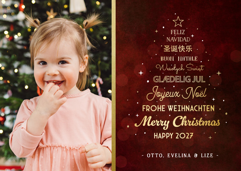Kerstkaarten - Stijlvolle kerstkaart met kerstboom in talen en eigen foto