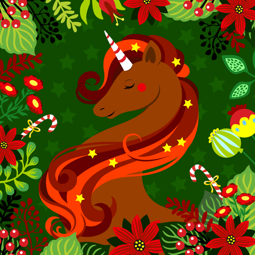 Stijlvolle kerstkaart met unicorn, bloemen en zuurstokken - Kerstkaarten Kerstkaarten - Stijlvolle kerstkaart met unicorn, bloemen en zuurstokken