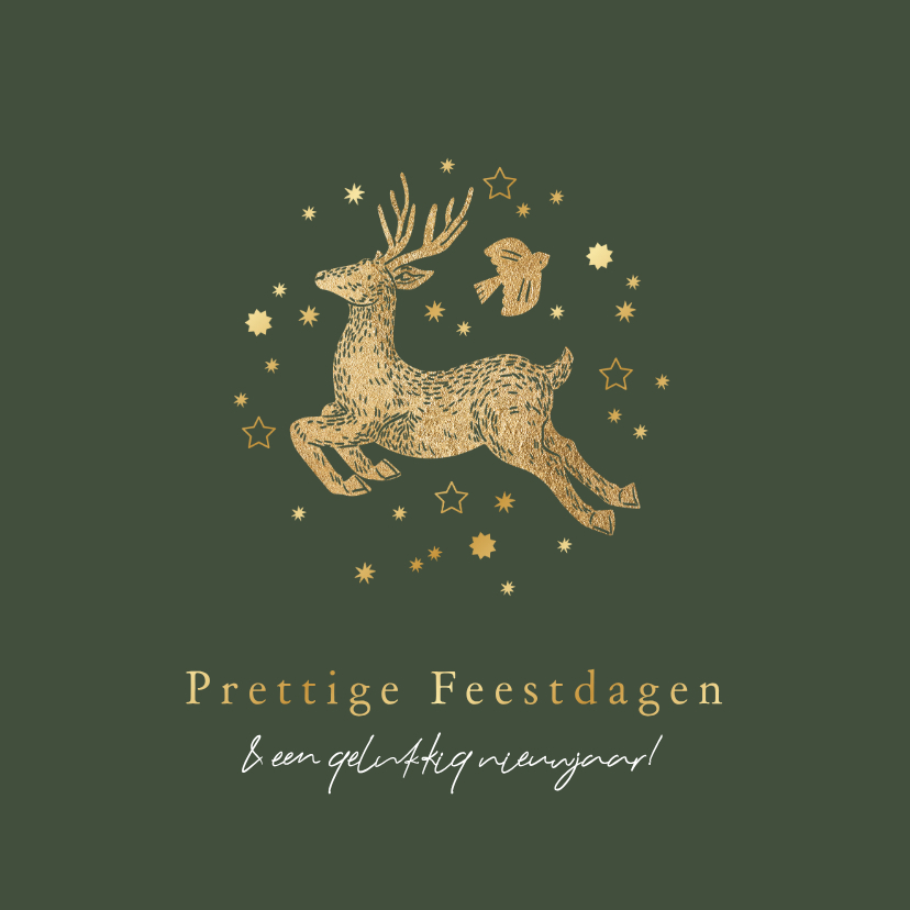 Stijlvolle kerstkaart rendier vogel sterren goudfolie - Kerstkaarten Kerstkaarten - Stijlvolle kerstkaart rendier vogel sterren goudfolie