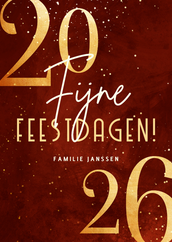 Stijlvolle kerstkaart rood 2026 goudlook met sparkles - Kerstkaarten Kerstkaarten - Stijlvolle kerstkaart rood 2026 goudlook met sparkles
