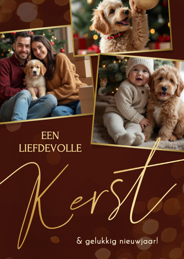 Kerstkaarten - Stijlvolle kerstkaart rood kerst sierlijk goud 3 foto's 