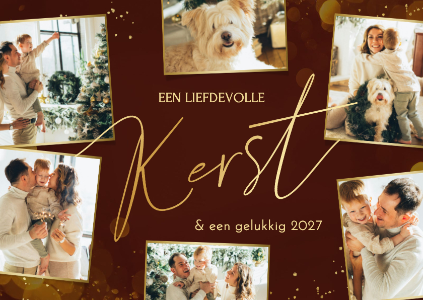 Kerstkaarten - Stijlvolle kerstkaart rood met bokeh en fotocollage