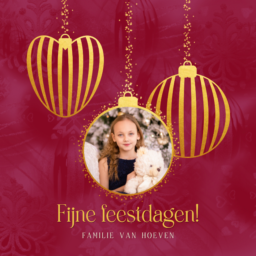 Kerstkaarten - Stijlvolle kerstkaart rood met gouden ballen en eigen foto 