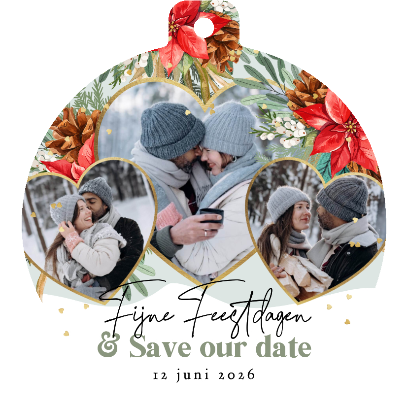 Kerstkaarten - Stijlvolle kerstkaart save the date botanisch harten goud