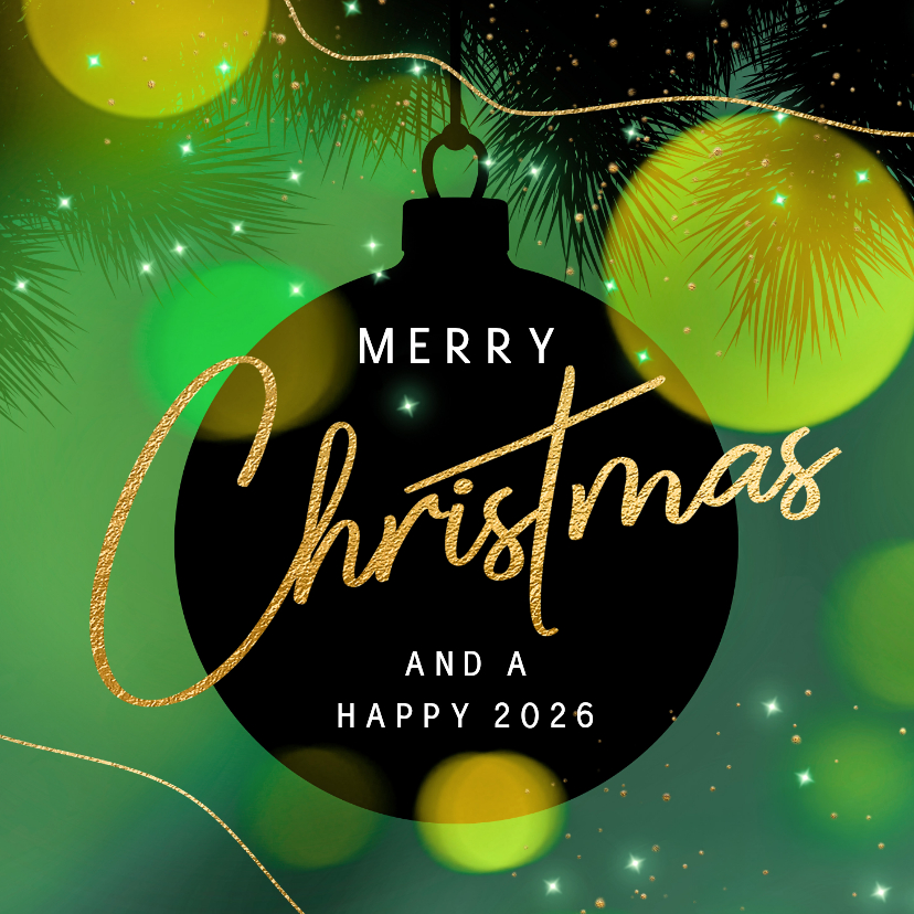 Stijlvolle kerstkaart sfeer kerstbal lichtjes groen - Kerstkaarten Kerstkaarten - Stijlvolle kerstkaart sfeer kerstbal lichtjes groen