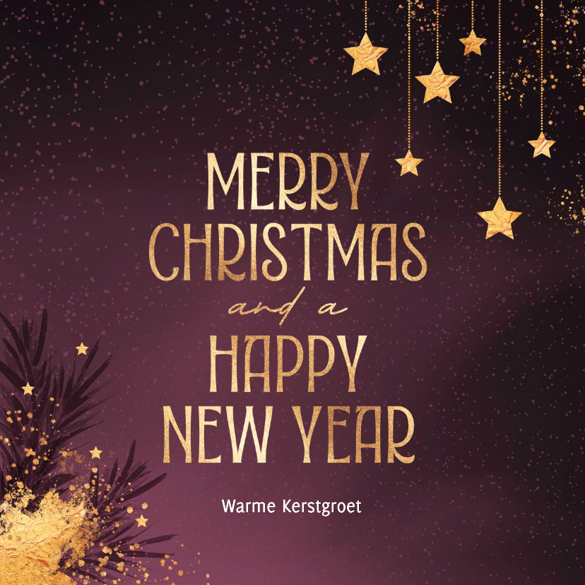 Stijlvolle kerstkaart trendy aubergine rood goud sterren - Kerstkaarten Kerstkaarten - Stijlvolle kerstkaart trendy aubergine rood goud sterren