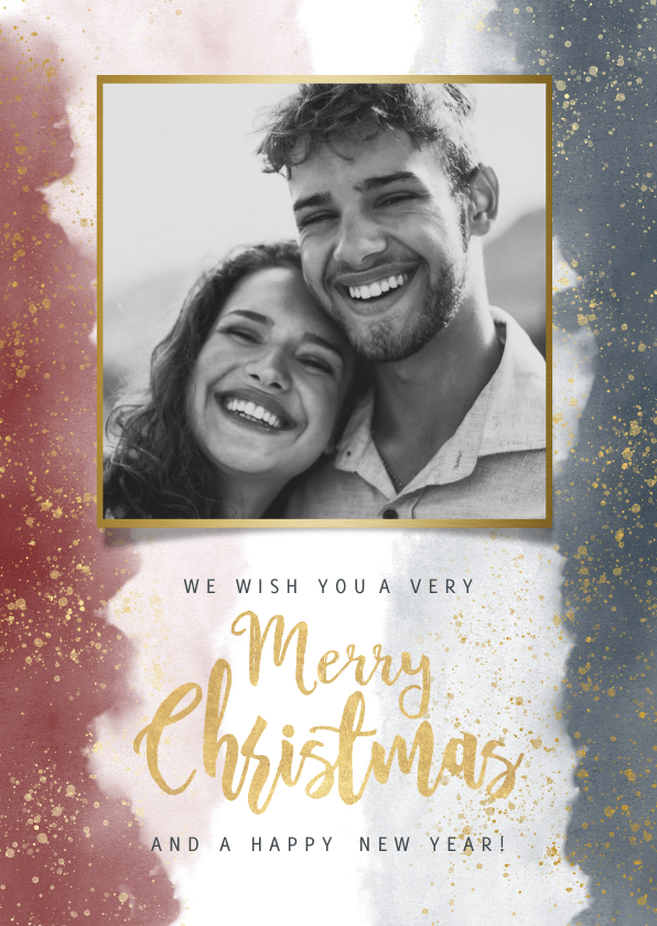 Stijlvolle kerstkaart waterverf, typografie, spetters & foto - Kerstkaarten Kerstkaarten - Stijlvolle kerstkaart waterverf, typografie, spetters & foto
