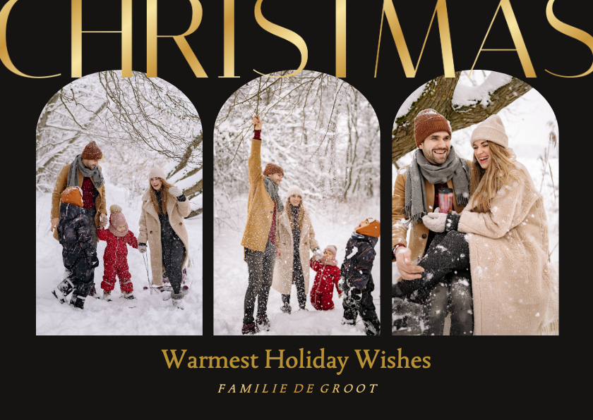 Stijlvolle kerstkaart zwart met goud en drie foto's in bogen - Kerstkaarten Kerstkaarten - Stijlvolle kerstkaart zwart met goud en drie foto's in bogen