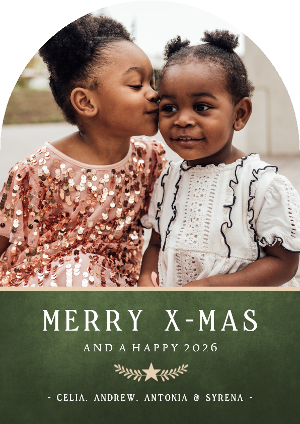 Kerstkaarten - Stijlvolle klassieke groene kerstkaart boogvorm met foto