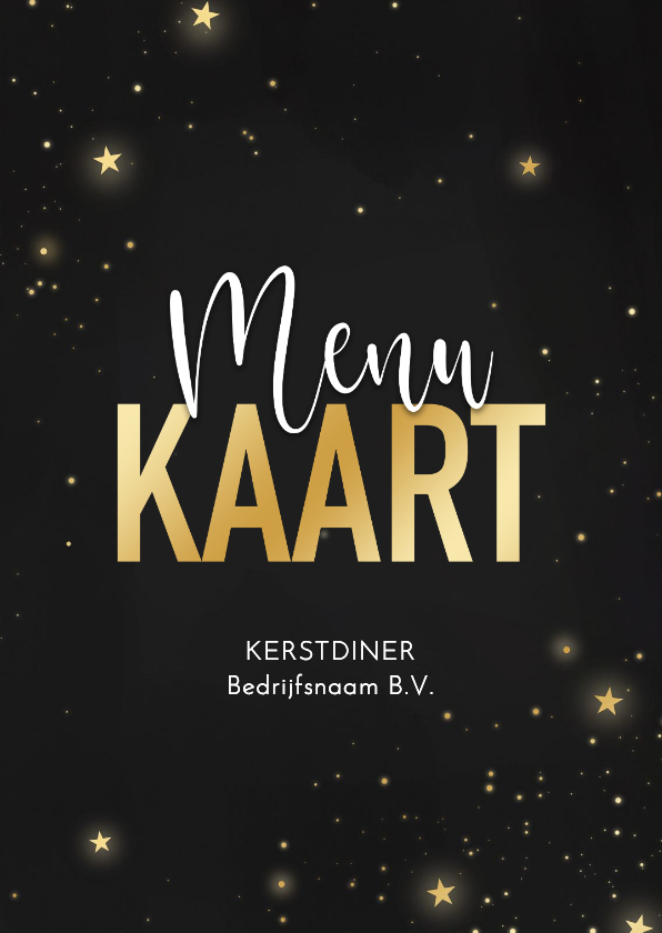Stijlvolle menukaart kerstdiner zwart sterretjes goud - Kerstkaarten Kerstkaarten - Stijlvolle menukaart kerstdiner zwart sterretjes goud