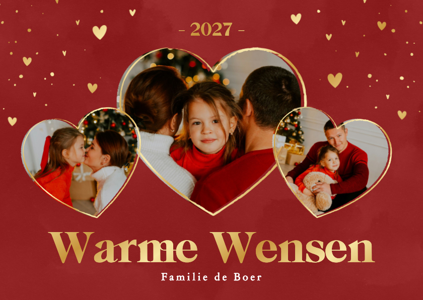 Stijlvolle rode foto kerstkaart met gouden hartjes - Kerstkaarten Kerstkaarten - Stijlvolle rode foto kerstkaart met gouden hartjes