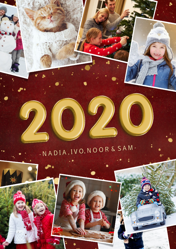 Stijlvolle rode fotocollage kerstkaart met jaartal 2020 - Kerstkaarten Kerstkaarten - Stijlvolle rode fotocollage kerstkaart met jaartal 2020