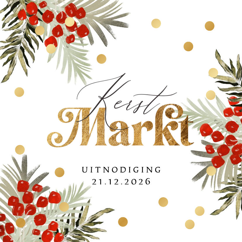 Stijlvolle uitnodiging kerstmarkt botanische takken goud - Kerstkaarten Kerstkaarten - Stijlvolle uitnodiging kerstmarkt botanische takken goud