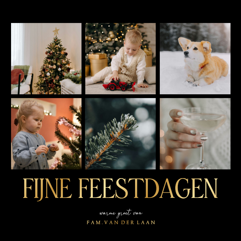 Stijlvolle zwarte fotocollage kerstkaarten met goudfolie - Kerstkaarten Kerstkaarten - Stijlvolle zwarte fotocollage kerstkaarten met goudfolie