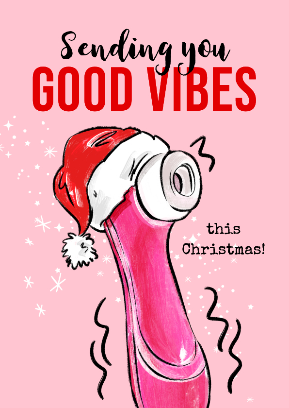 Stoute kerstkaart 'Good vibes satisfyer' kerstmuts sterren - Kerstkaarten Kerstkaarten - Stoute kerstkaart 'Good vibes satisfyer' kerstmuts sterren