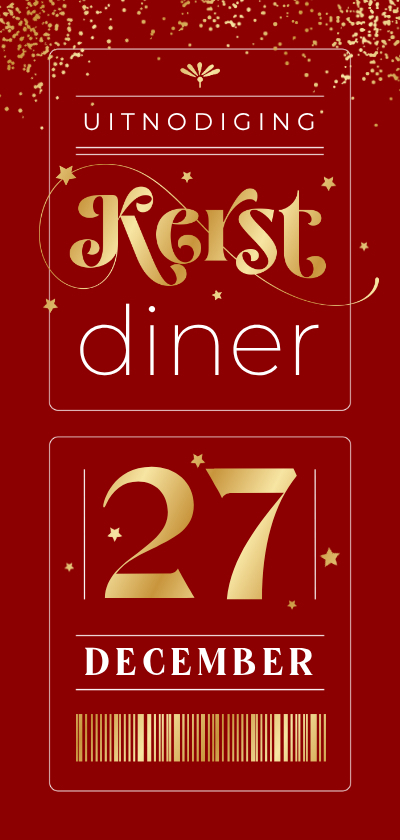 Kerstkaarten - Ticket uitnodiging kerstdiner goud rood sterretjes stijlvol