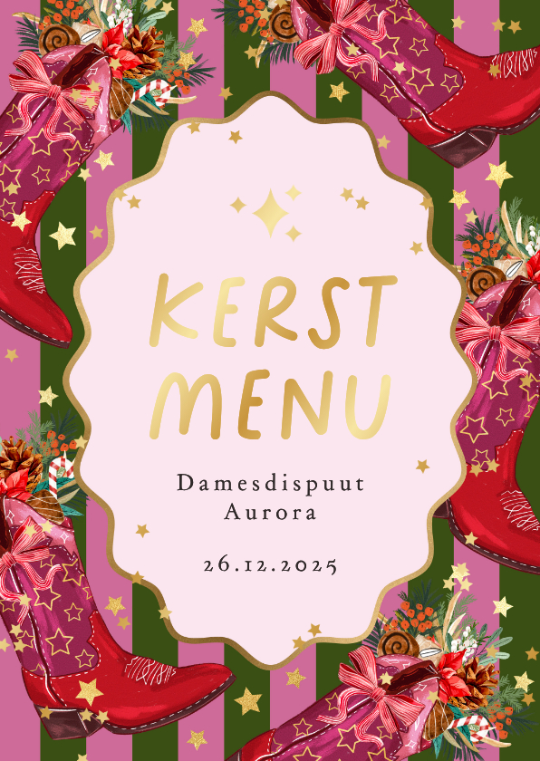 Kerstkaarten - Trendy kaart kerstmenu cowboylaars botanische kersttakken