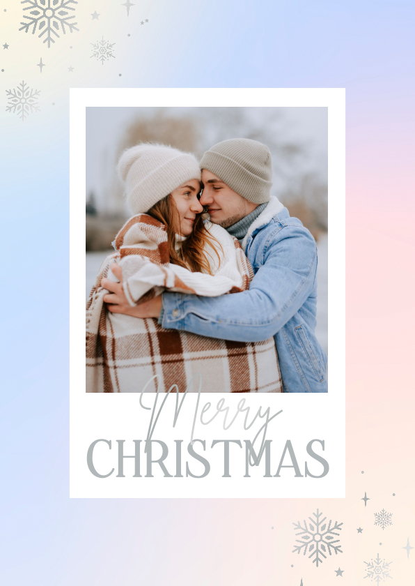 Kerstkaarten - Trendy kaartje met zilveren sneeuwvlokken en pastel kleuren