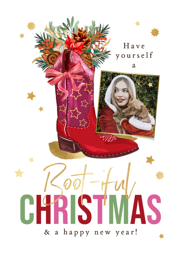 Kerstkaarten - Trendy kerstkaart 'Boot-iful Christmas' laars botanisch goud