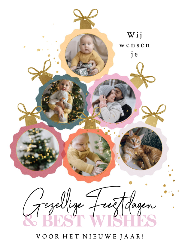 Trendy kerstkaart fotocollage kerstballen strik goud - Kerstkaarten Kerstkaarten - Trendy kerstkaart fotocollage kerstballen strik goud
