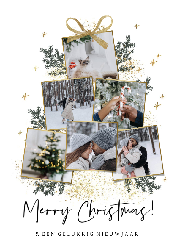 Trendy kerstkaart fotocollage kerstboom goudlook strik - Kerstkaarten Kerstkaarten - Trendy kerstkaart fotocollage kerstboom goudlook strik
