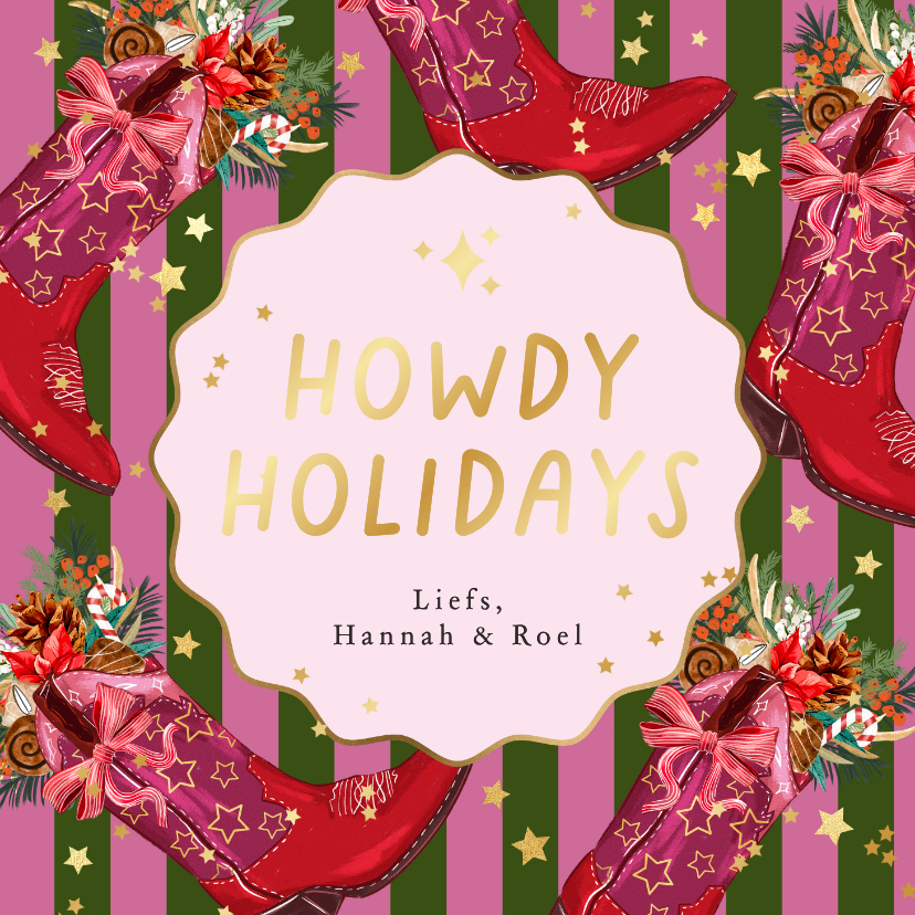 Kerstkaarten - Trendy kerstkaart 'Howdy Holidays' cowboyboot botanisch goud