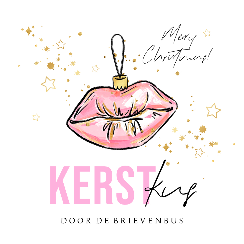 Kerstkaarten - Trendy kerstkaart 'Kerst Kus' kitsch kerstbal goud sterren