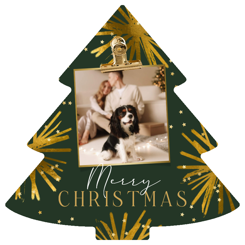 Trendy kerstkaart kerstboomvorm sterren goud foto - Kerstkaarten Kerstkaarten - Trendy kerstkaart kerstboomvorm sterren goud foto
