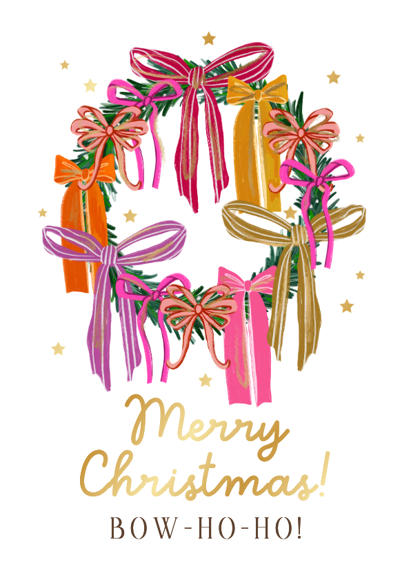 Trendy kerstkaart kerstkrans strikken kleurrijk ster goud - Kerstkaarten Kerstkaarten - Trendy kerstkaart kerstkrans strikken kleurrijk ster goud