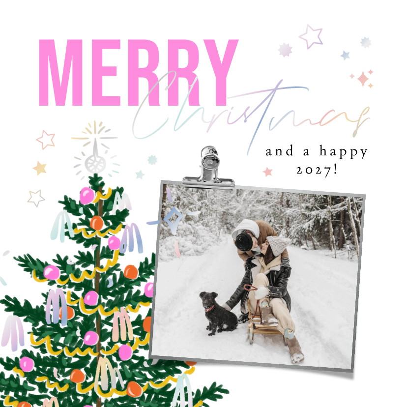 Trendy kerstkaart kitsch kerstboom holografisch sterren foto - Kerstkaarten Kerstkaarten - Trendy kerstkaart kitsch kerstboom holografisch sterren foto