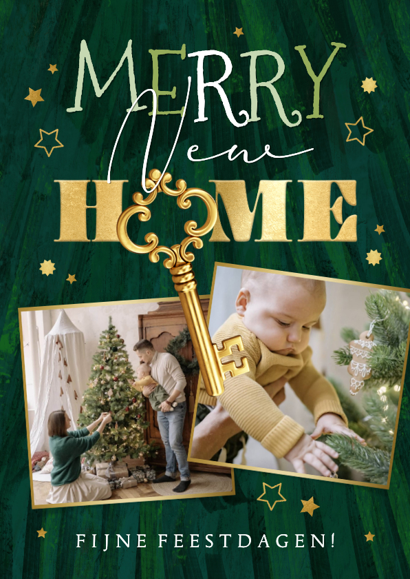 Trendy kerstkaart Merry new home sleutel sterren goud - Kerstkaarten Kerstkaarten - Trendy kerstkaart Merry new home sleutel sterren goud
