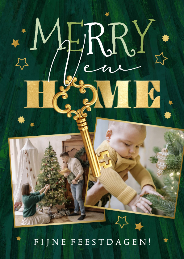 Trendy kerstkaart Merry new home sleutel sterren goud - Kerstkaarten Kerstkaarten - Trendy kerstkaart Merry new home sleutel sterren goud