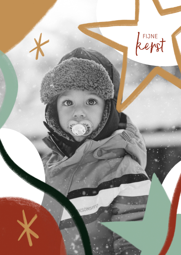 Trendy kerstkaart met grote foto en ster illustraties - Kerstkaarten Kerstkaarten - Trendy kerstkaart met grote foto en ster illustraties