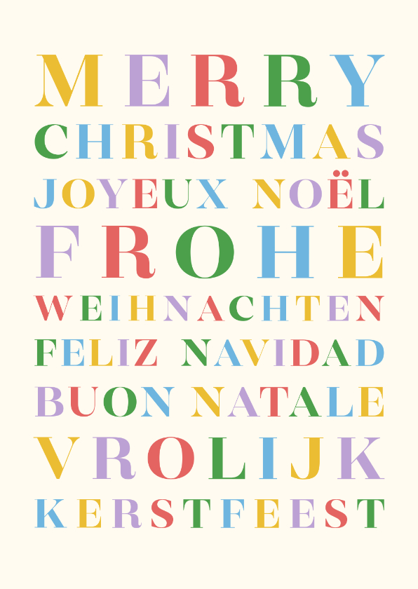 Kerstkaarten - Trendy kerstkaart regenboog typografie diverse talen