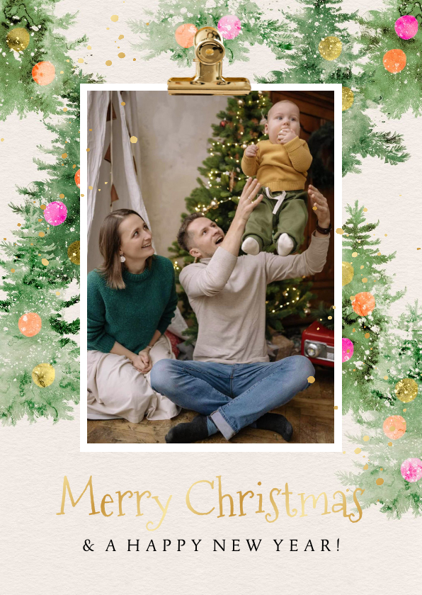 Trendy kerstkaart watercolor kerstbomen foto kleurrijk - Kerstkaarten Kerstkaarten - Trendy kerstkaart watercolor kerstbomen foto kleurrijk