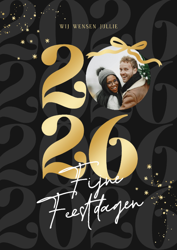 Trendy kerstkaart zwart strik jaartal goudlook met foto - Kerstkaarten Kerstkaarten - Trendy kerstkaart zwart strik jaartal goudlook met foto
