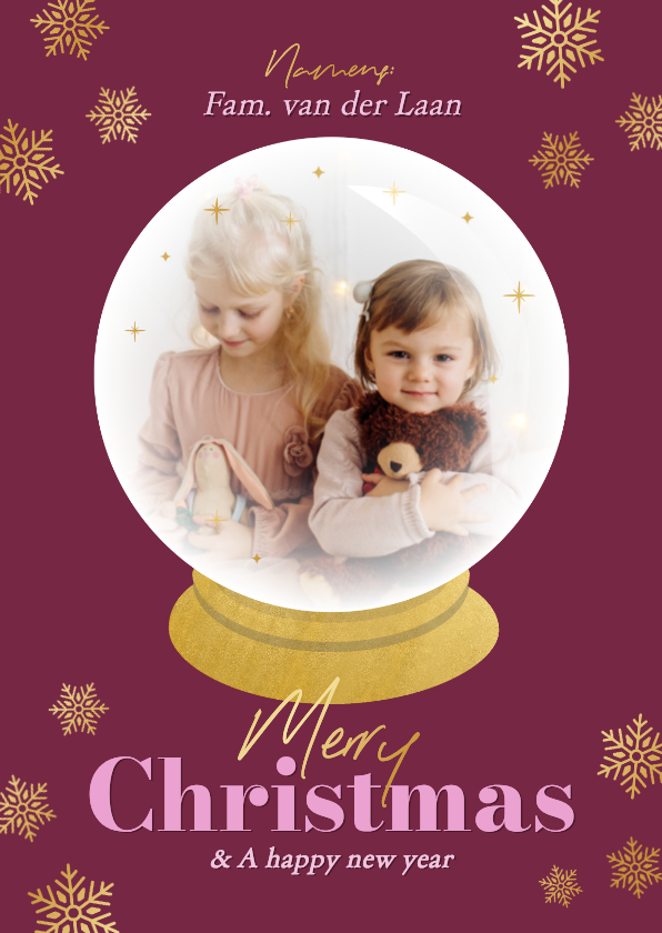 Trendy kerstkaartje met foto sneeuwbol paars en goud - Kerstkaarten Kerstkaarten - Trendy kerstkaartje met foto sneeuwbol paars en goud