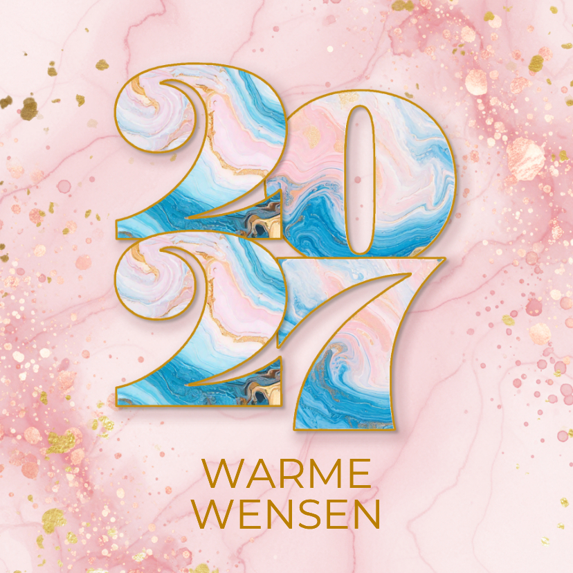 Trendy kerstkaartje roze verf met marmeren jaartal - Kerstkaarten Kerstkaarten - Trendy kerstkaartje roze verf met marmeren jaartal