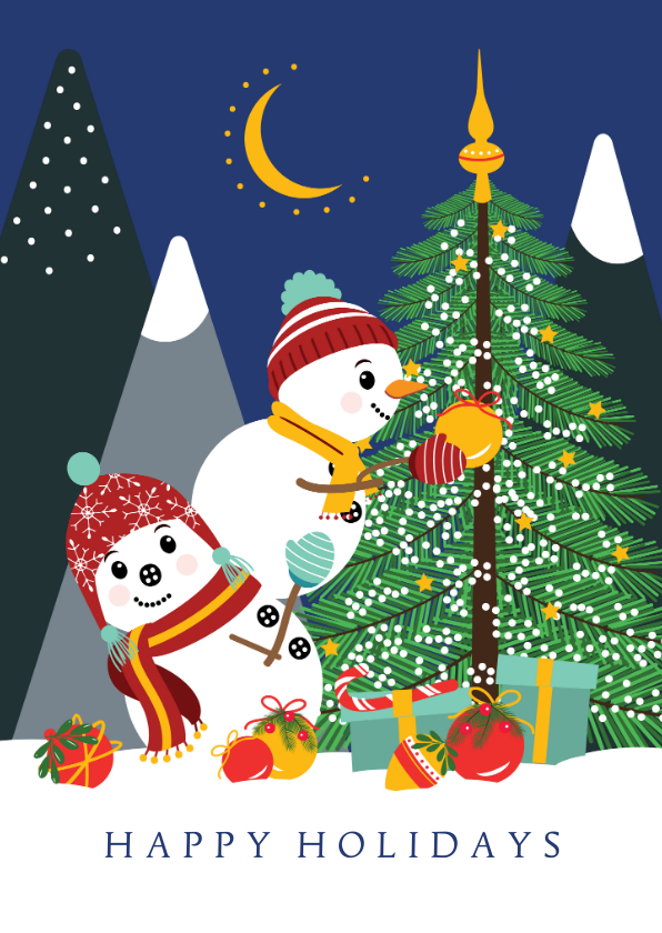 Twee vrolijke sneeuwpoppen versieren de kerstboom - Kerstkaarten Kerstkaarten - Twee vrolijke sneeuwpoppen versieren de kerstboom