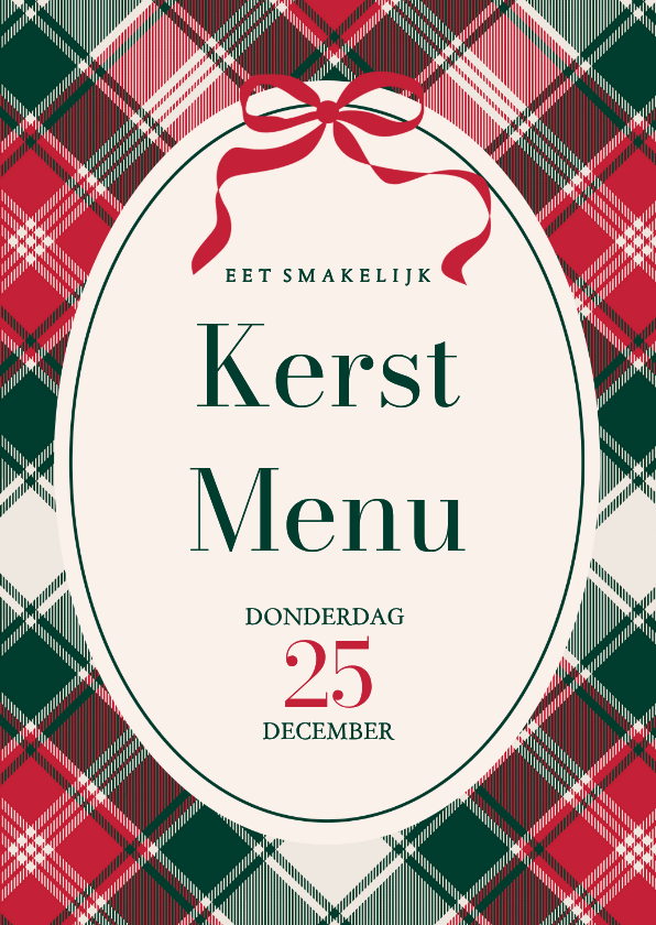 Kerstkaarten - Uitnodiging kerst menu ruit en strikje