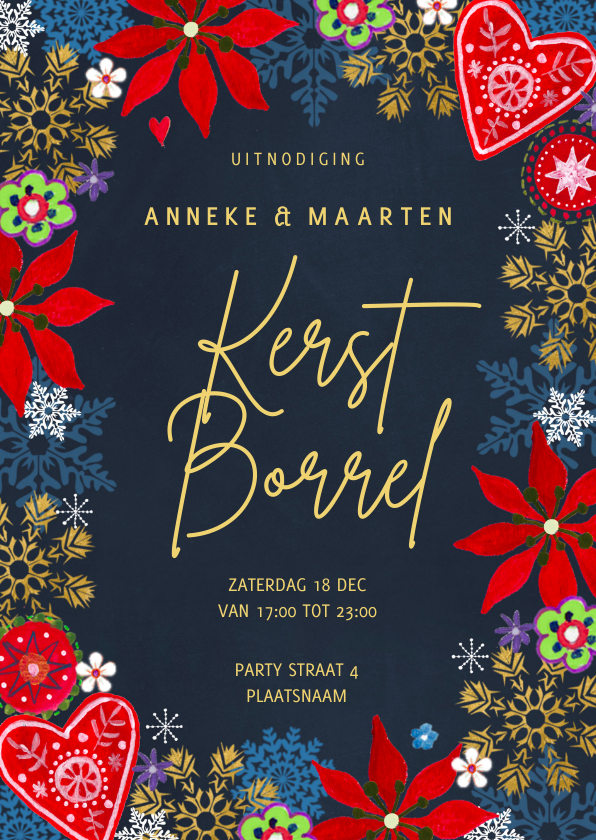 Kerstkaarten - Uitnodiging kerstborrel botanisch bloemen