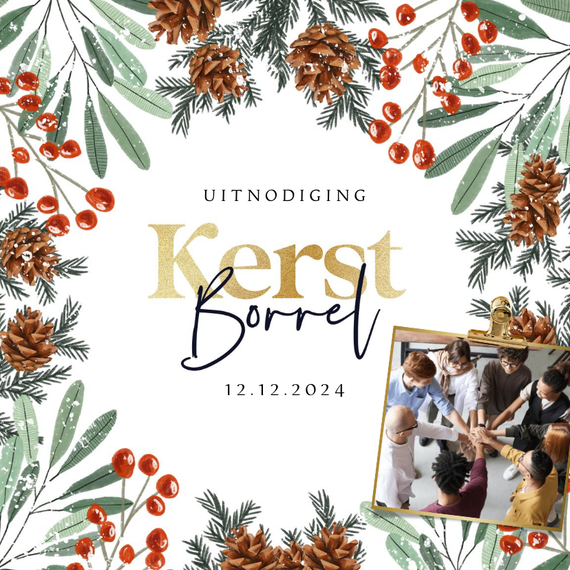 Uitnodiging kerstborrel botanisch kersttak dennenappel foto - Kerstkaarten Kerstkaarten - Uitnodiging kerstborrel botanisch kersttak dennenappel foto
