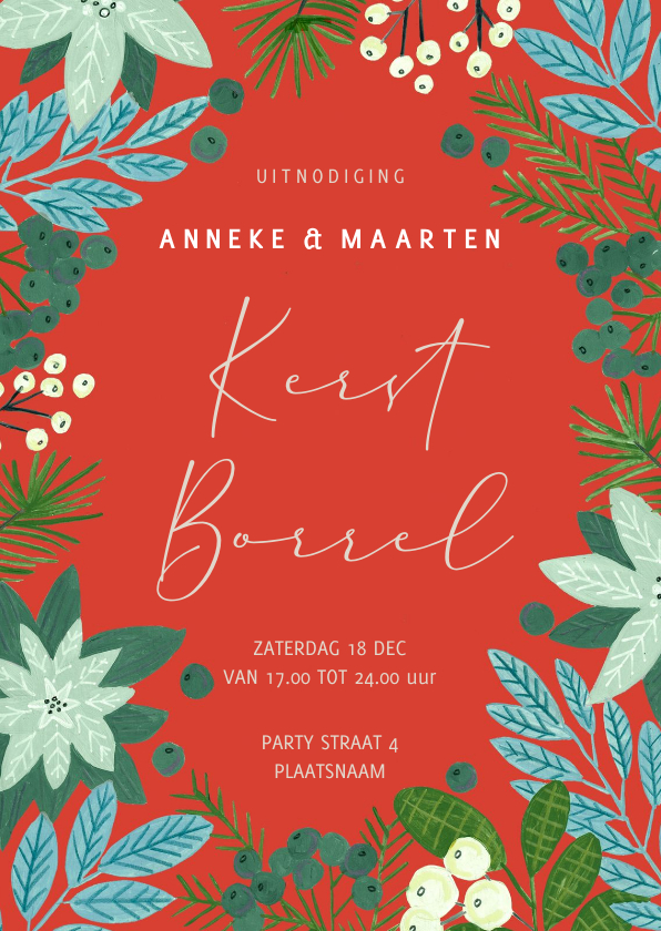 Kerstkaarten - Uitnodiging kerstborrel botanische illustratie kerst