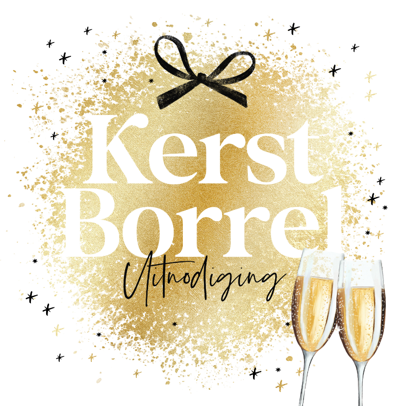 Kerstkaarten - Uitnodiging kerstborrel goudlook sterren kerstbal champagne