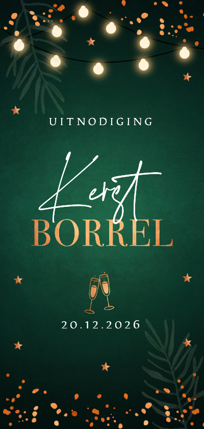 Uitnodiging kerstborrel groen langwerpig koperlook - Kerstkaarten Kerstkaarten - Uitnodiging kerstborrel groen langwerpig koperlook