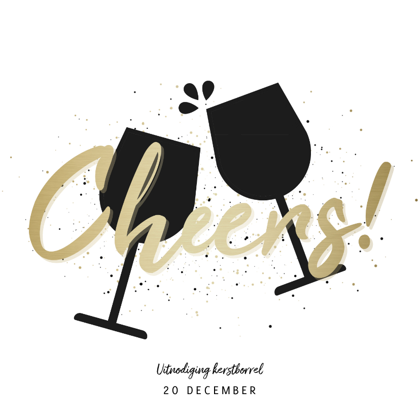 Kerstkaarten - Uitnodiging kerstborrel proostende glazen met gouden cheers