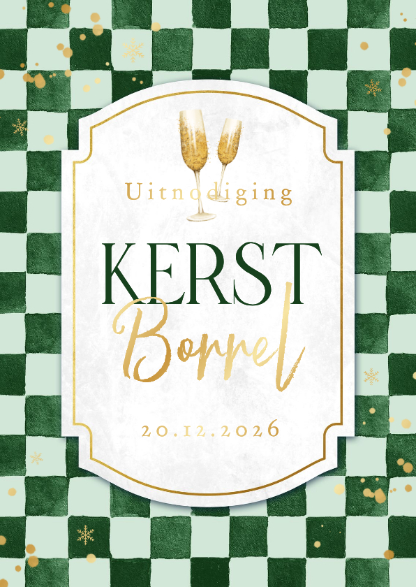 Uitnodiging kerstborrel ruitjes groen goud sneeuw stijlvol - Kerstkaarten Kerstkaarten - Uitnodiging kerstborrel ruitjes groen goud sneeuw stijlvol